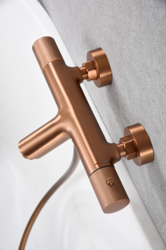 bateria wannowa, bateria wannowa ścienna, bateria z kompletem natryskowym, szczotkowana miedź, nowoczesny design, imex