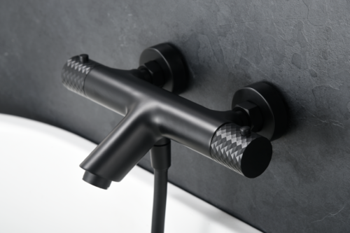 bateria wannowa, bateria wannowa ścienna, bateria z kompletem natryskowym, czarny mat, nowoczesny design, imex